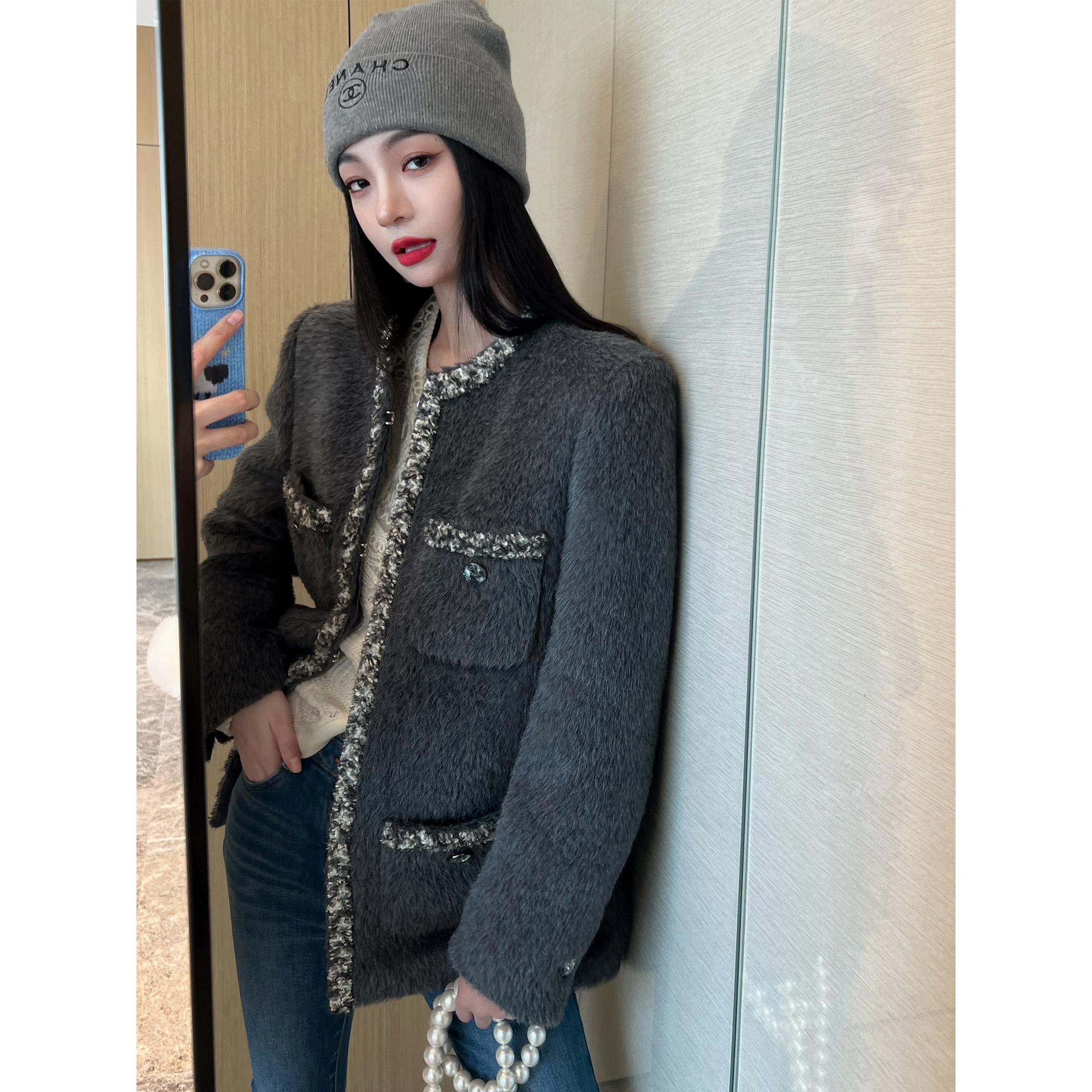 NancyCavally 重工系列 奢选稀有长毛苏力绒云柔银闪镶边香风外套