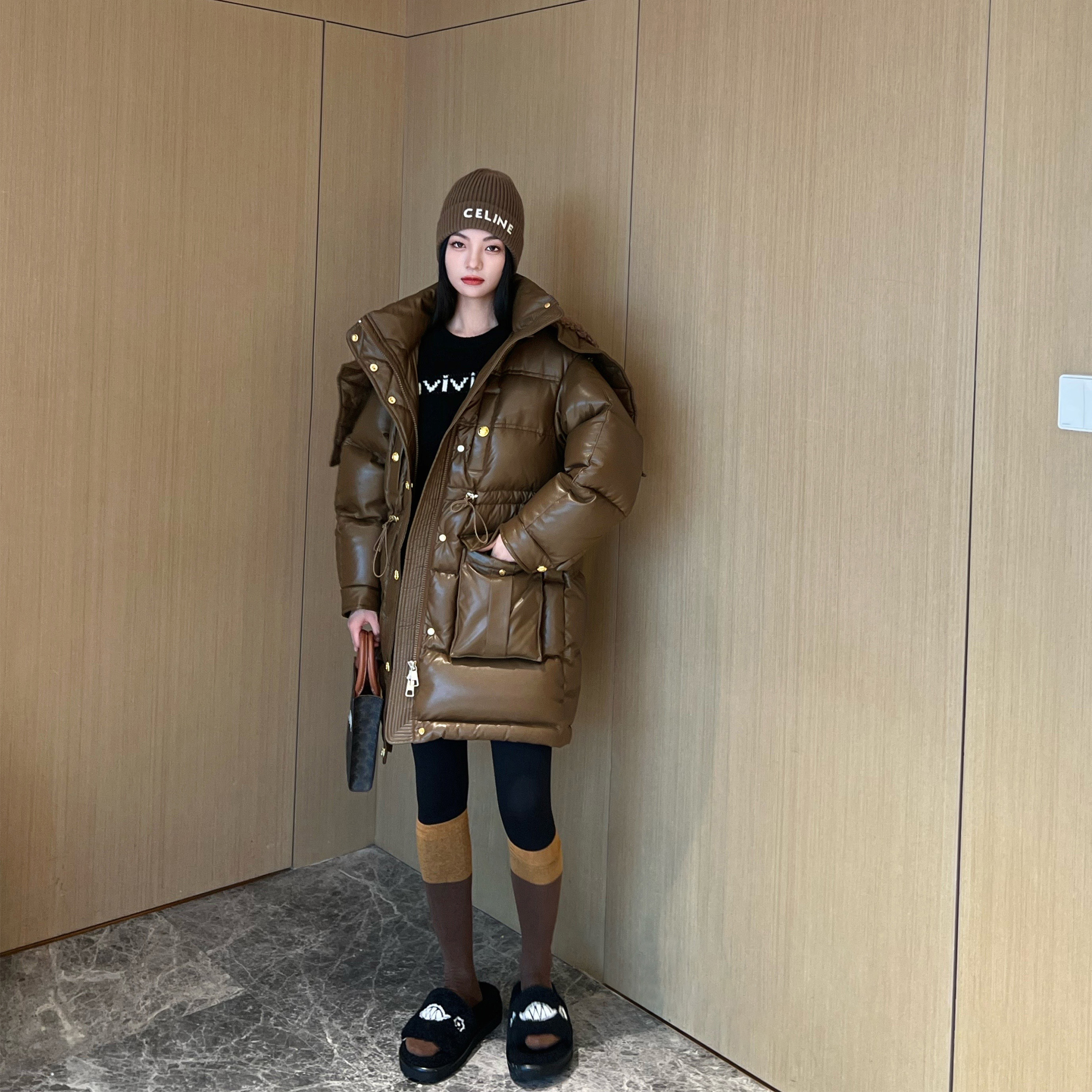 NancyCavally重磅系列95白鹅绒复古拉链式花瓣帽型保暖羽绒服