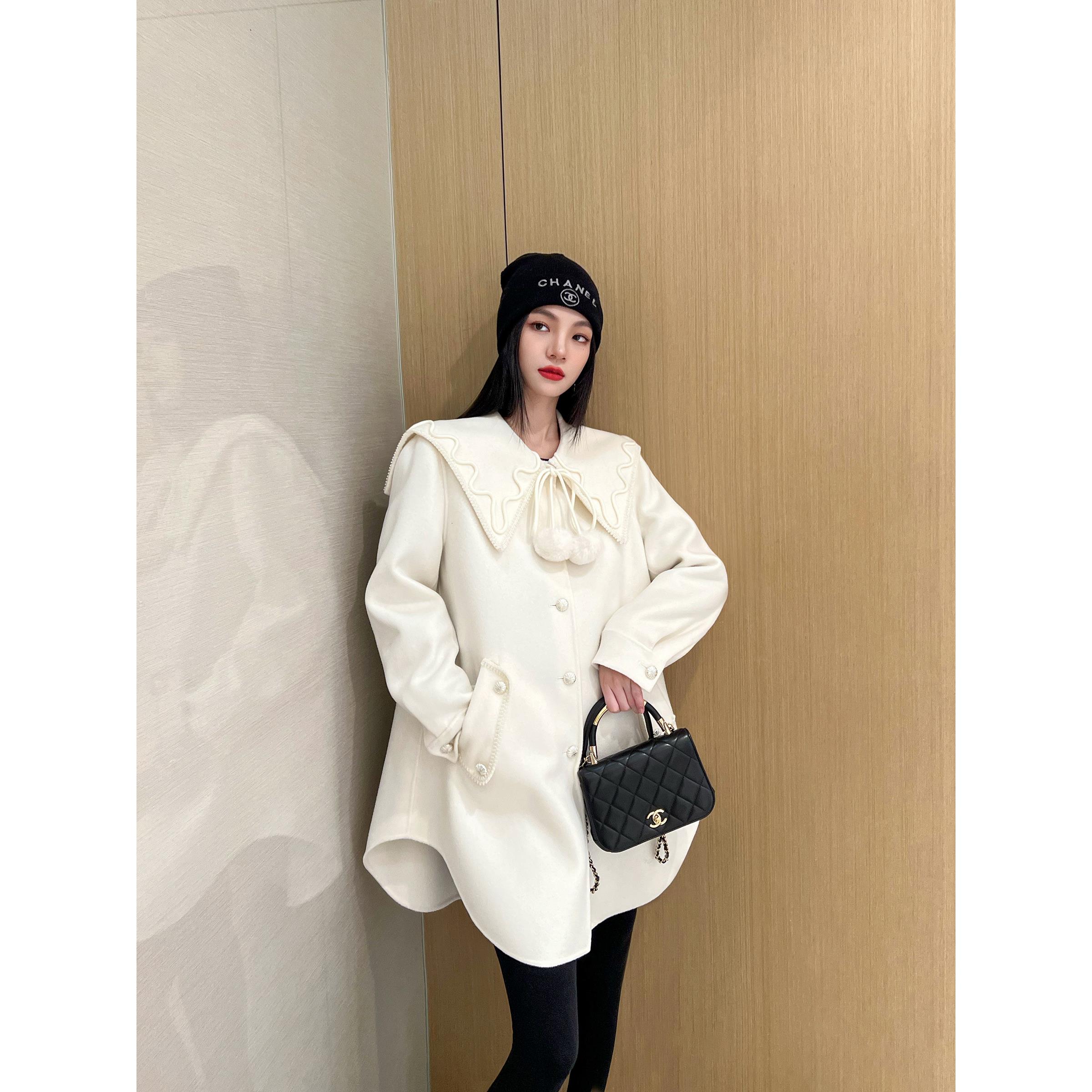 NancyCavally極细羊驼毛/绵羊毛 中长顺毛大翻领廓形双面呢大衣