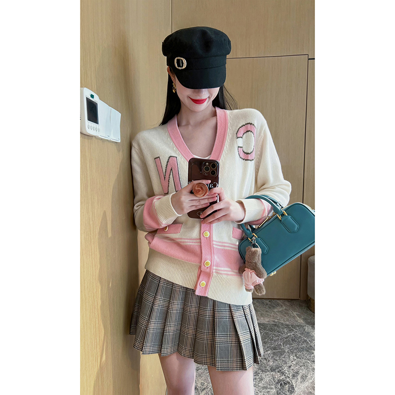 NancyCavally专柜款 云感软糯学院风撞色字母提花长袖针织开衫女