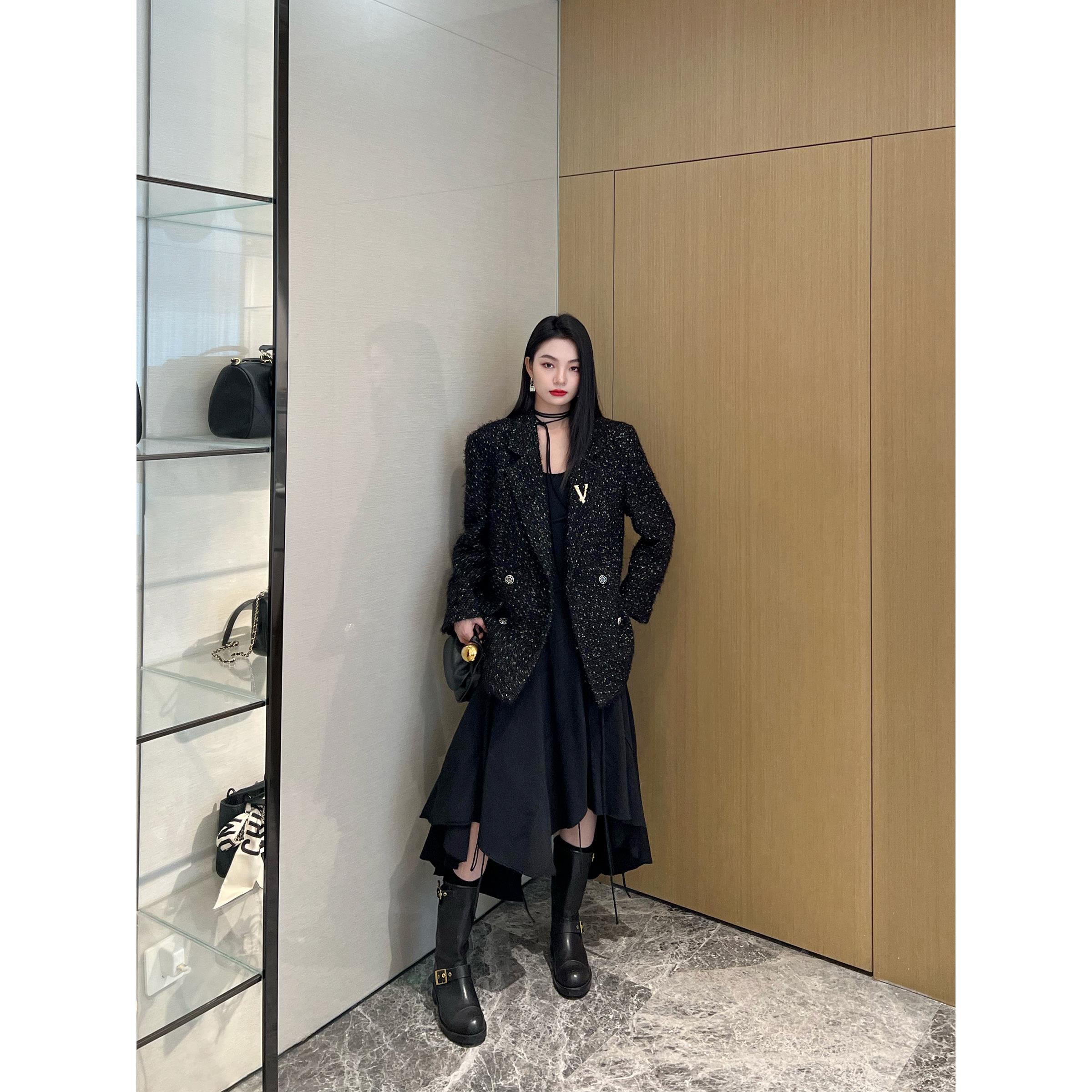 NancyCavally繁星闪烁 高定圈圈纱粗花呢大廓形折线宽肩小香西装