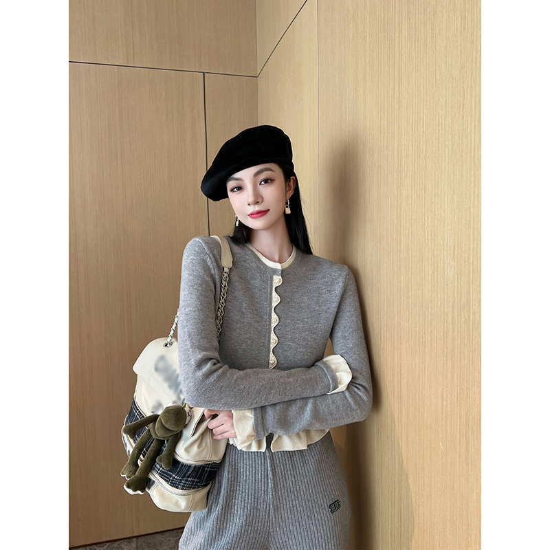 NancyCavally 山雾甜茶 云朵触感时尚撞色木耳花边修身针织开衫女