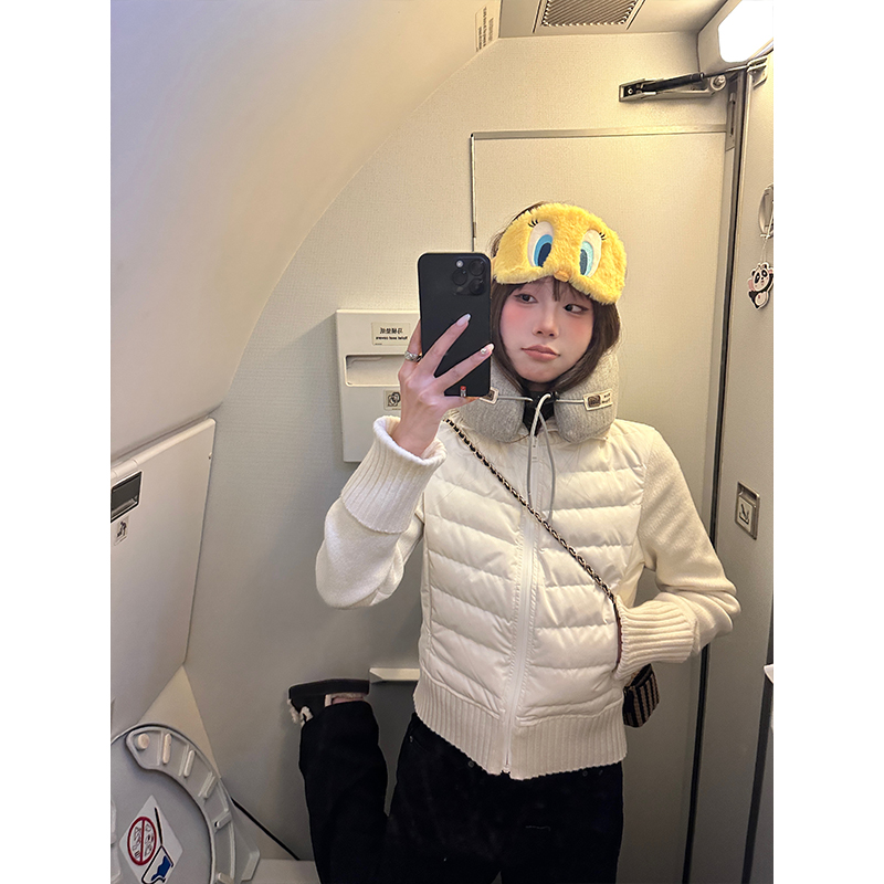 D YANGJUN【年中福利】针织拼接高领设计感白色夹棉短款外套上衣