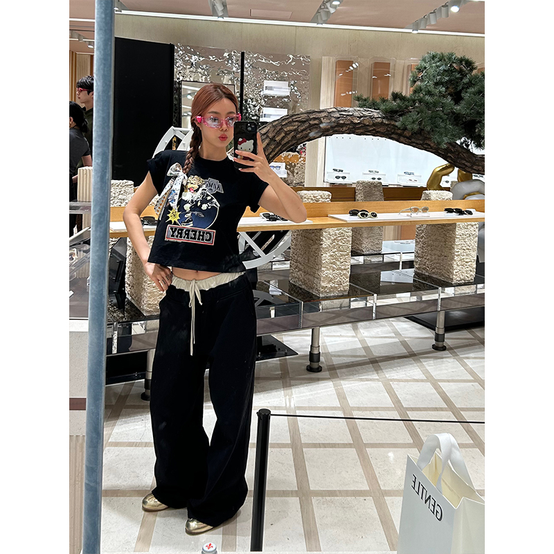 D YANGJUN 【年中福利】拼接腰撞色休闲阔腿裤子女高腰宽松休闲裤