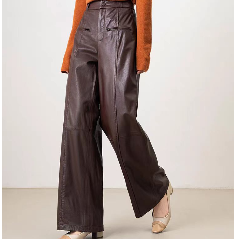 2024秋冬新款欧货绵羊皮全植鞣高腰阔腿直筒长裤时髦休闲裤高级感