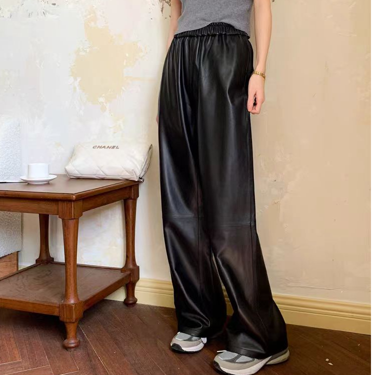 海宁真皮植鞣皮扫地裤高腰拖地裤时尚新款绵羊皮直筒裤103公分长