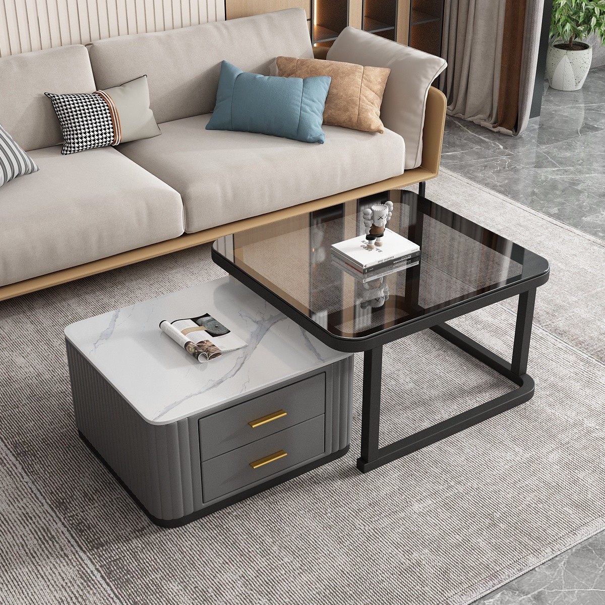 方形岩板茶几双抽屉轻奢客厅家用小户型简约烤漆网红创意茶桌台