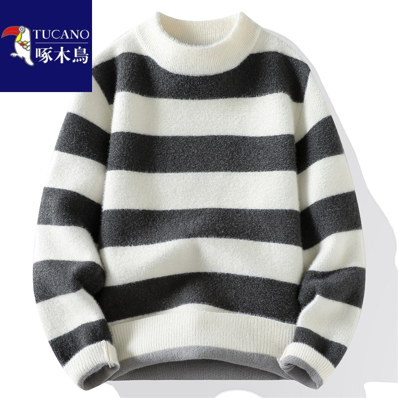 啄木鸟秋冬新款男士青年条纹时尚百搭简约加绒加厚一体绒毛衣男