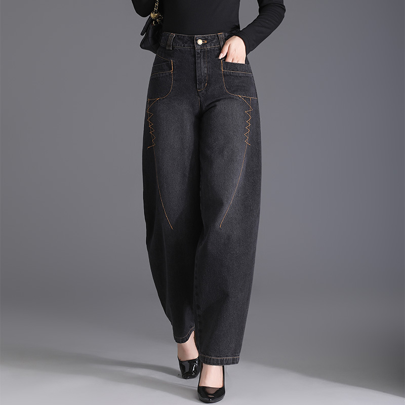 加绒秋冬款高腰牛仔裤阔腿哈伦裤时尚休闲百搭大码女灯笼裤刺绣女