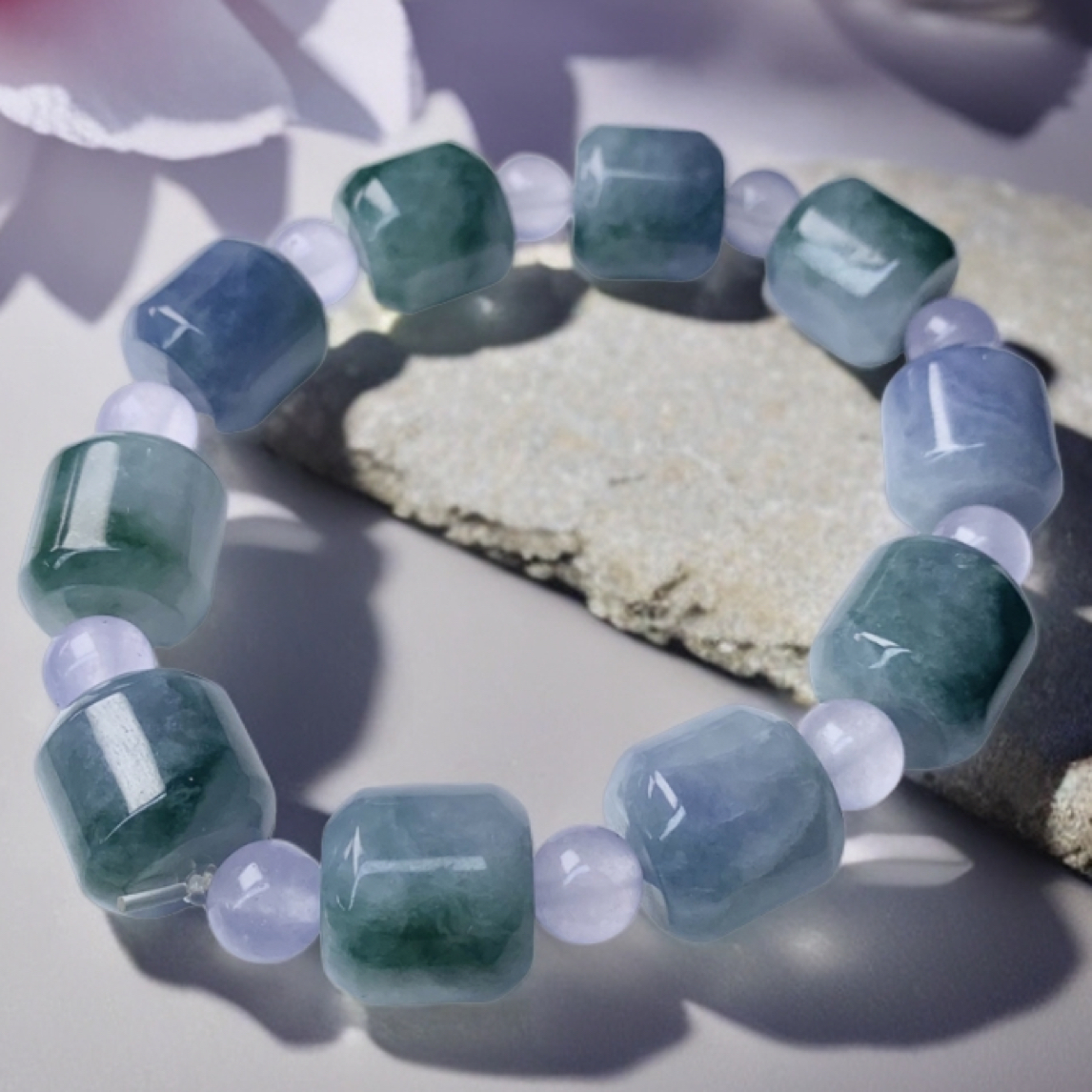 正品高端缅甸翡翠A级透光双色紫罗兰冰飘花上等筒珠网红爆款手串