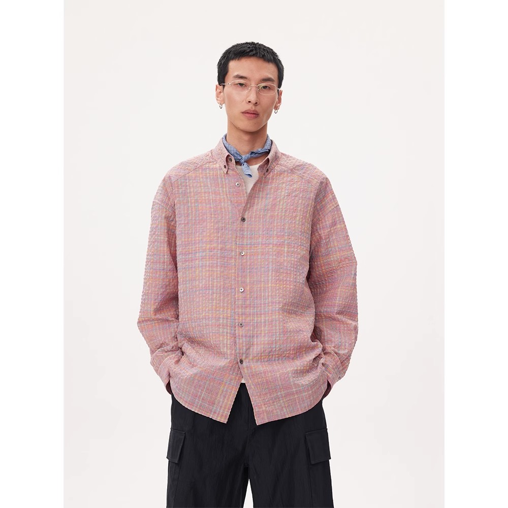 COMMON SCENTS定番版型色织格纹泡泡纱交叉育克宽松廓形长袖衬衫