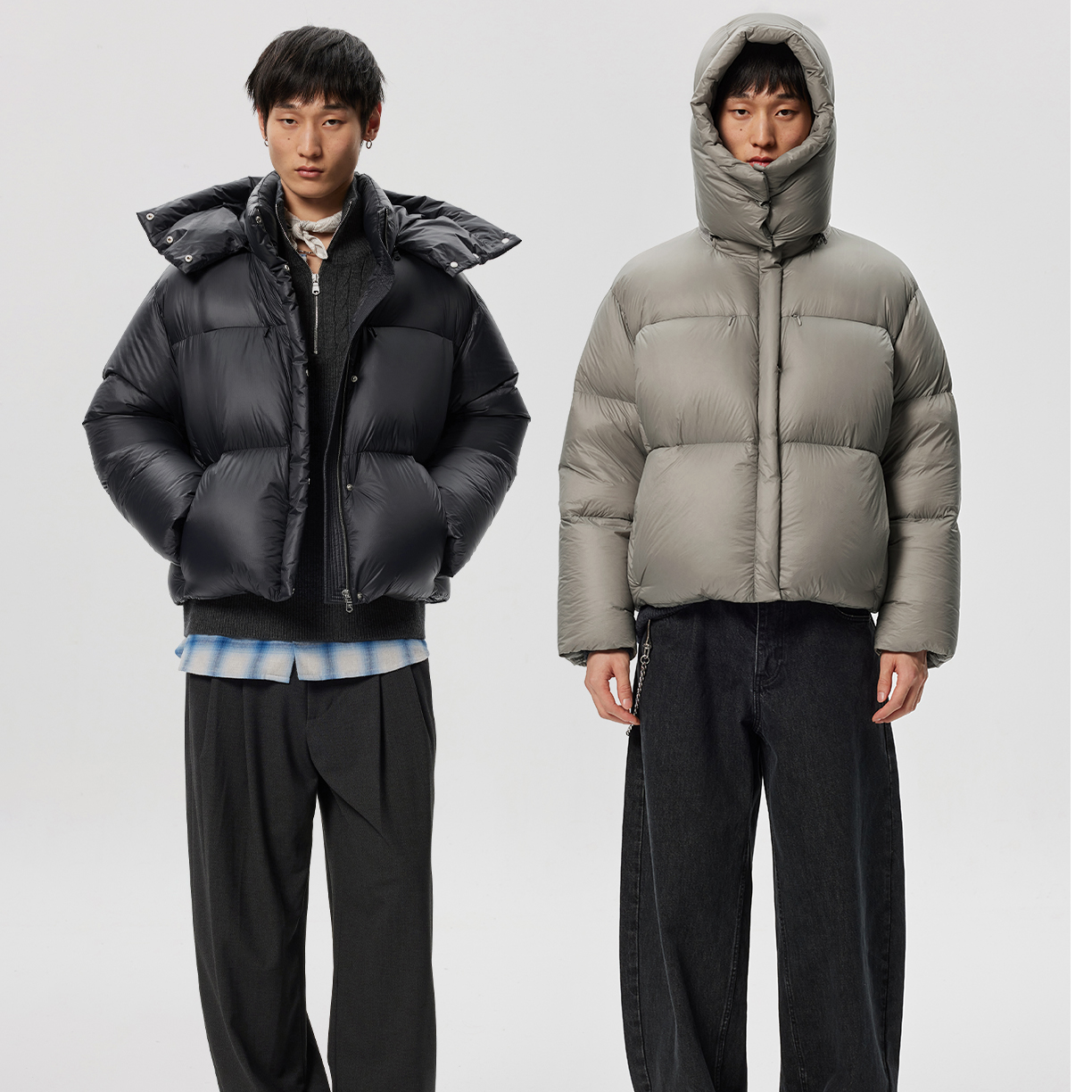 COMMON SCENTS超轻PLUSRICH®细格纹防泼水可拆卸连帽90绒羽绒服