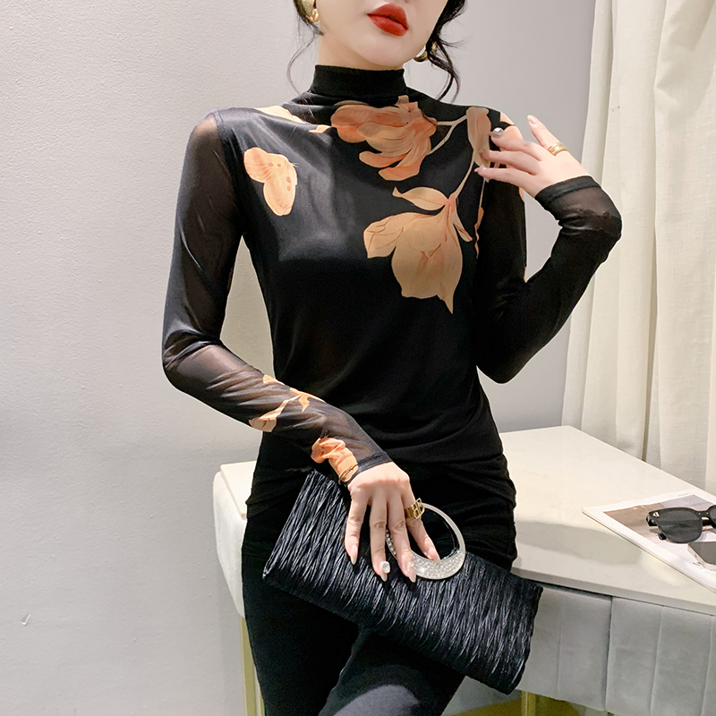高领长袖网纱定位印花t恤女2024秋装洋气新款时尚百搭修身打底衫 