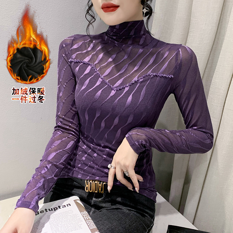 2025年新款长袖修身显瘦网纱拼接订珠T恤女网红高档上衣打底衫