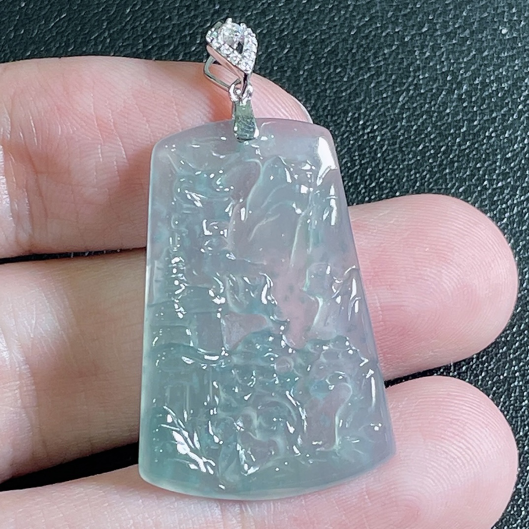天然A货翡翠蓝冰山水牌吊坠01 （多样性发货)