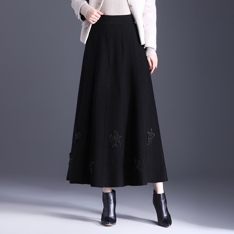 针织半身裙秋冬款妈妈a字大摆裙到脚踝长裙女时尚洋气毛线百褶裙