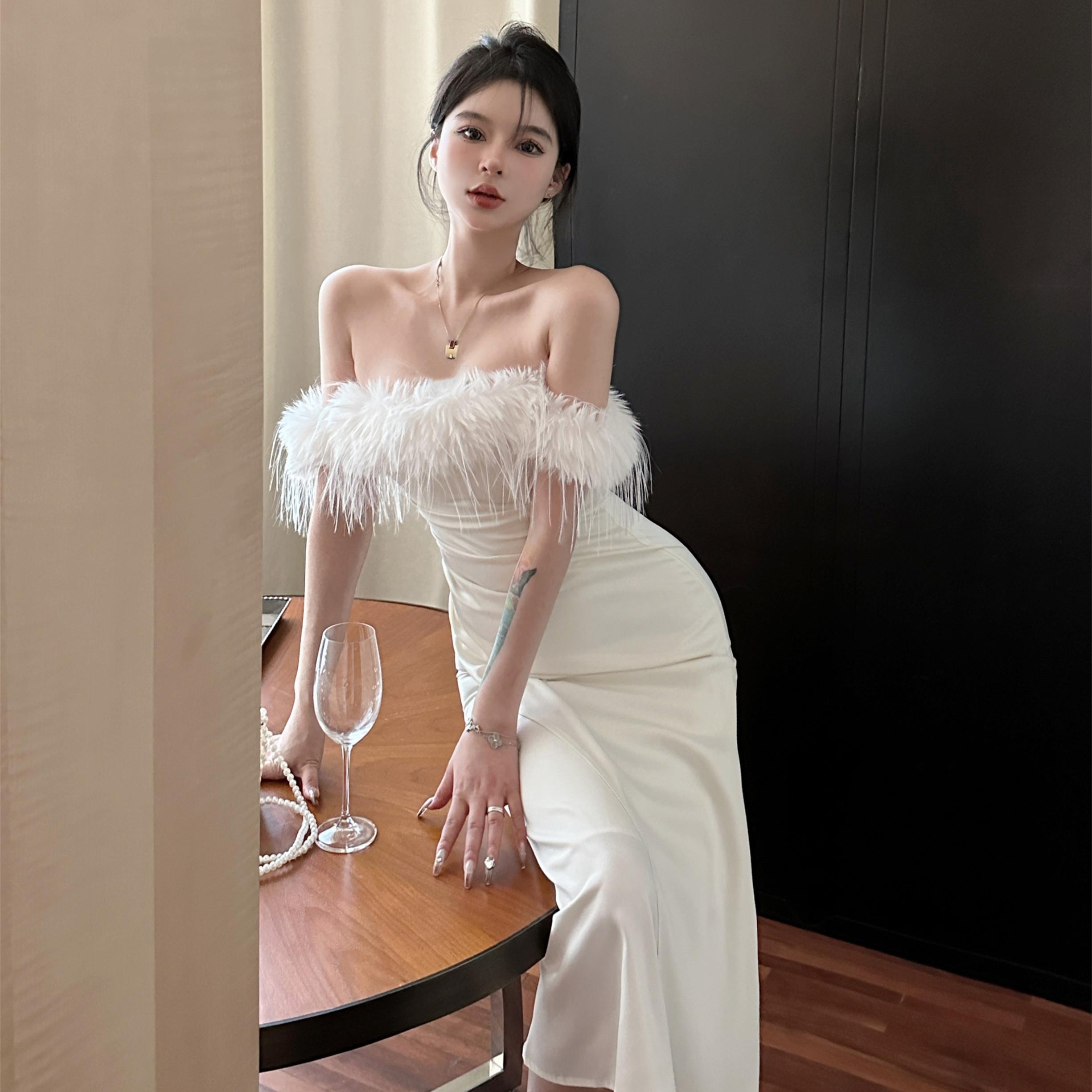 大码胖mm高级感一字肩连衣裙女秋冬收腰气质鱼尾长裙轻奢礼服裙