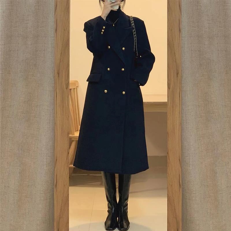 高级感赫本风黑色呢子大衣女秋冬装新款韩版小个子黑色厚大衣气质