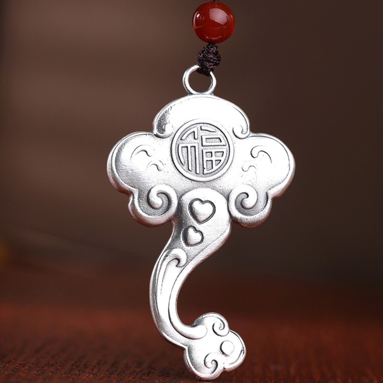 吊坠足银 祥云纹银如意纯银吊坠S999足银福字实心如意项链挂件女