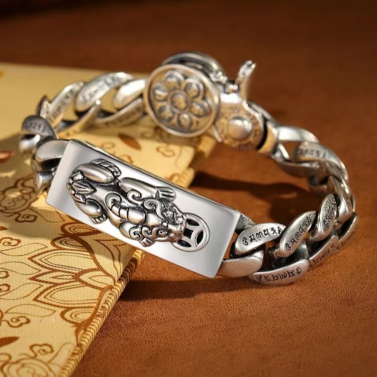 925银手链 925纯银貔貅手链男士国风六字真言复古个性小众设计