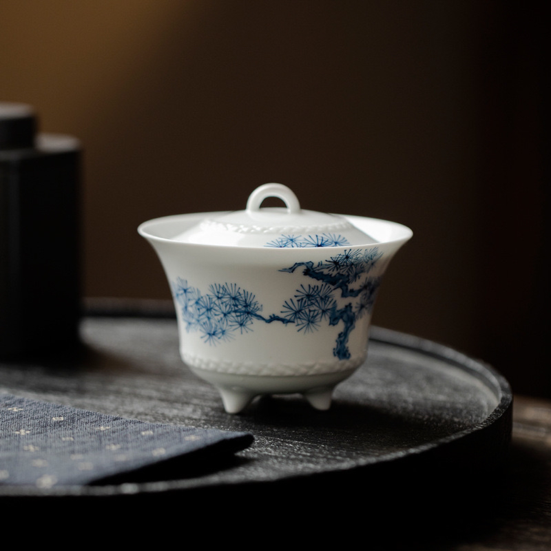 三足鼎盖碗纯手工白瓷手绘松风泡茶碗茶杯