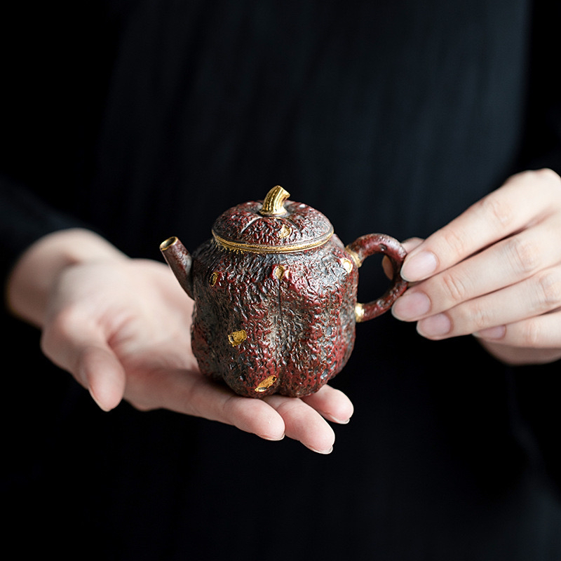 老岩泥铁锈红赤金瓜菱壶手工茶壶复古泡茶壶家用陶瓷功夫壶