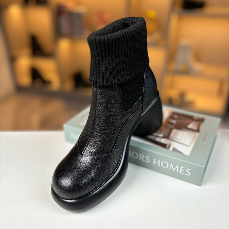7公分厚底高跟袜靴女秋冬款粗跟圆头拼接毛线筒弹力百搭瘦瘦短靴