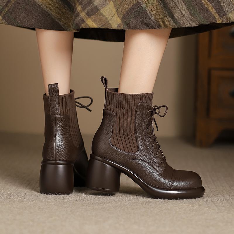 7公分头层牛皮34-40软底软面厚底系带短靴女真皮高跟切尔西马丁靴