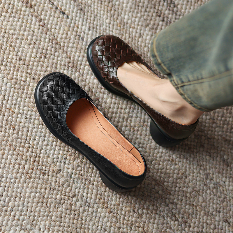 4.5公分 新款编织真皮单鞋女浅口2024圆头鞋子软底女鞋厚底乐福鞋