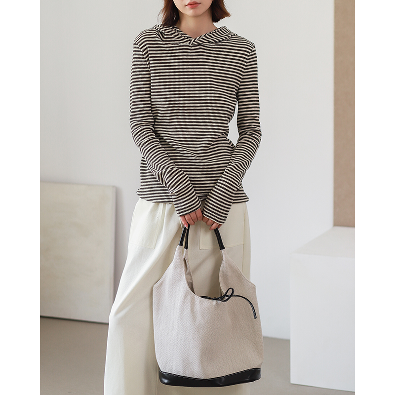 反向条纹包边 精巧设计日韩文艺条纹长袖T恤连帽打底T7415