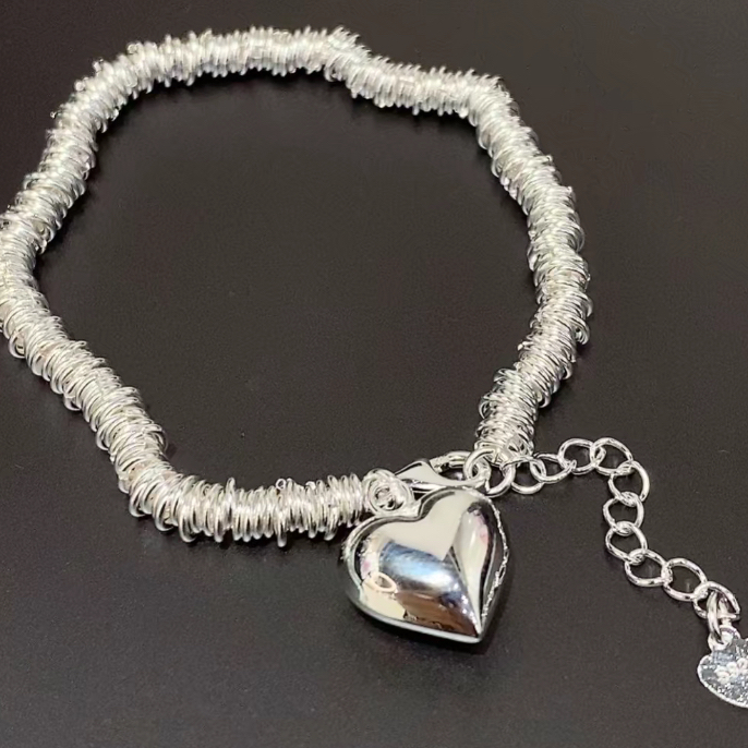 925银手链 素白环环相扣盘缠桃心手链18cm