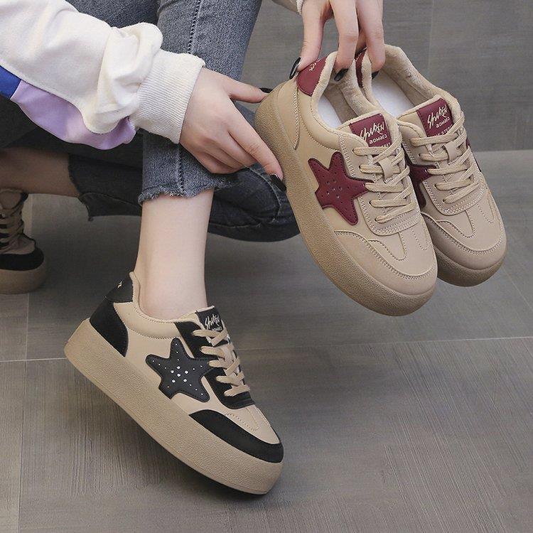 品牌清仓厚底复古星星加绒板鞋女2023二棉鞋百搭鞋