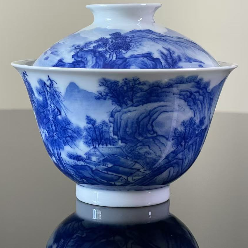 天青山房春江帆饱釉里红小盖碗盖碗青花瓷茶具景德镇白瓷手工手绘