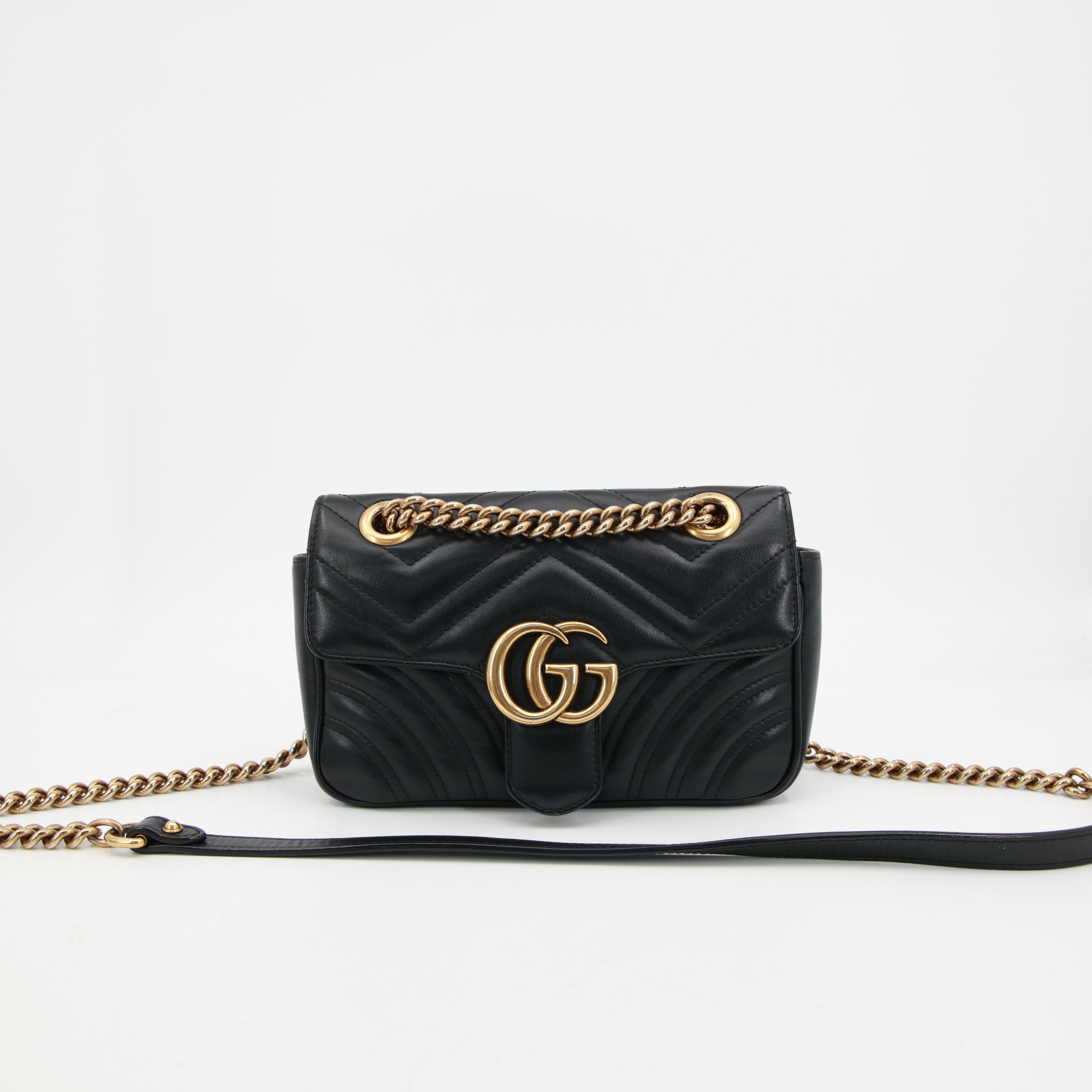 95新 GUCCI/古驰 古驰马蒙小号黑金牛皮单肩包/94618704