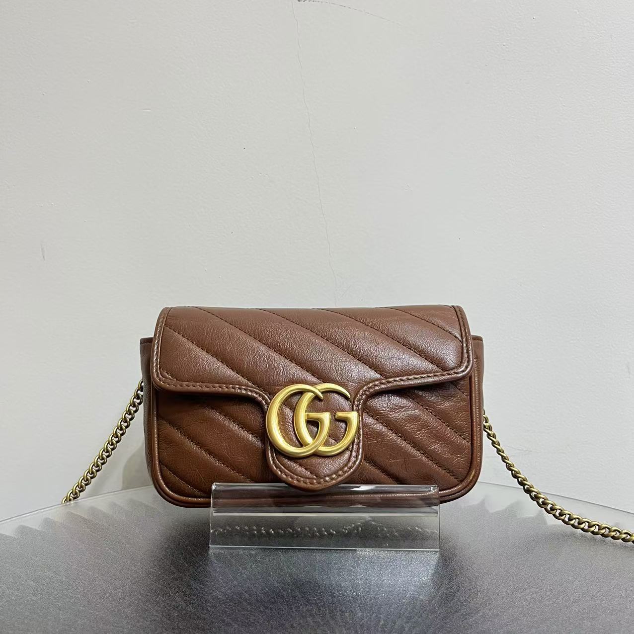 95新 GUCCI/古驰 W古驰焦糖色马蒙supermini单肩包74033451
