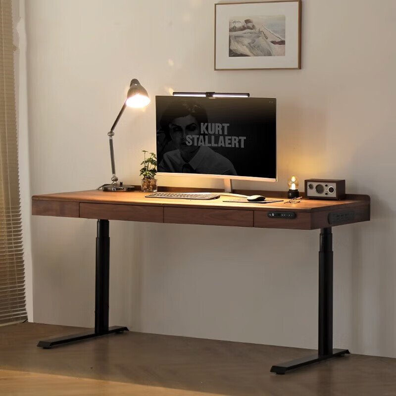 实木电动升降桌带插座黑胡桃木升降书桌定制智能工作台移动电脑桌