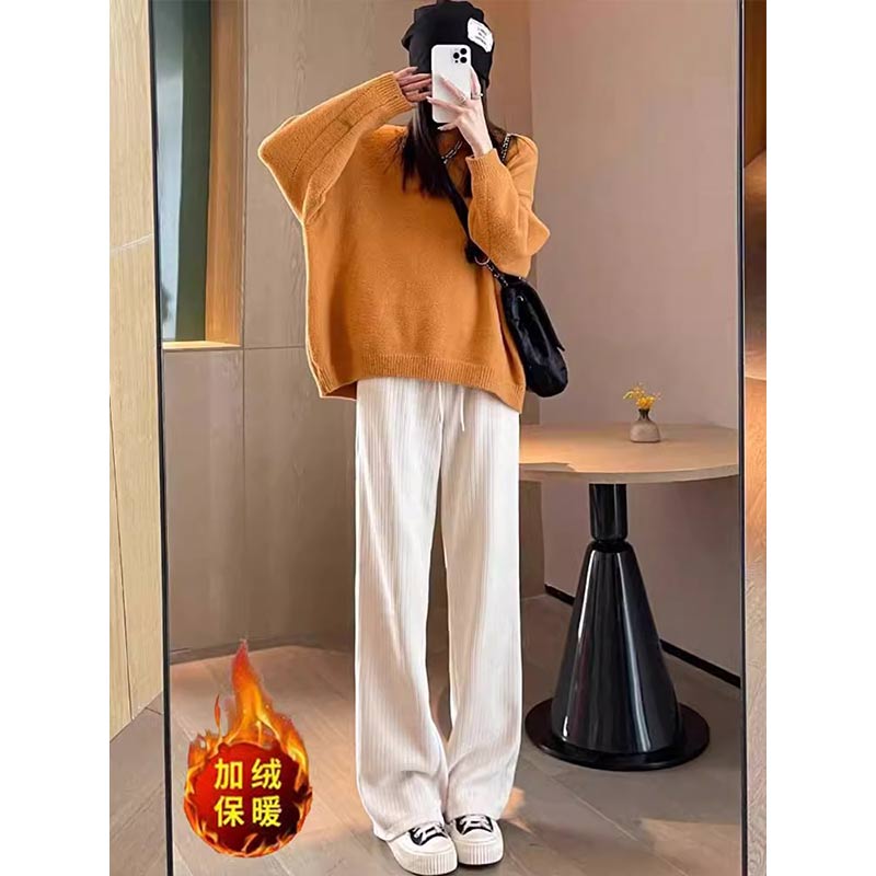 米白色灯芯绒阔腿裤女秋冬新款胖mm大码高腰显瘦宽松雪尼尔加绒裤