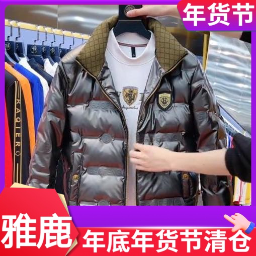 雅鹿欧洲站进口高端羽绒服男士新款2023冬季潮流修身立领亮面白鸭