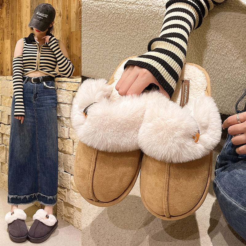 时尚百搭毛拖鞋女款2024新款爆款冬季居家毛绒保暖防滑包头棉拖鞋