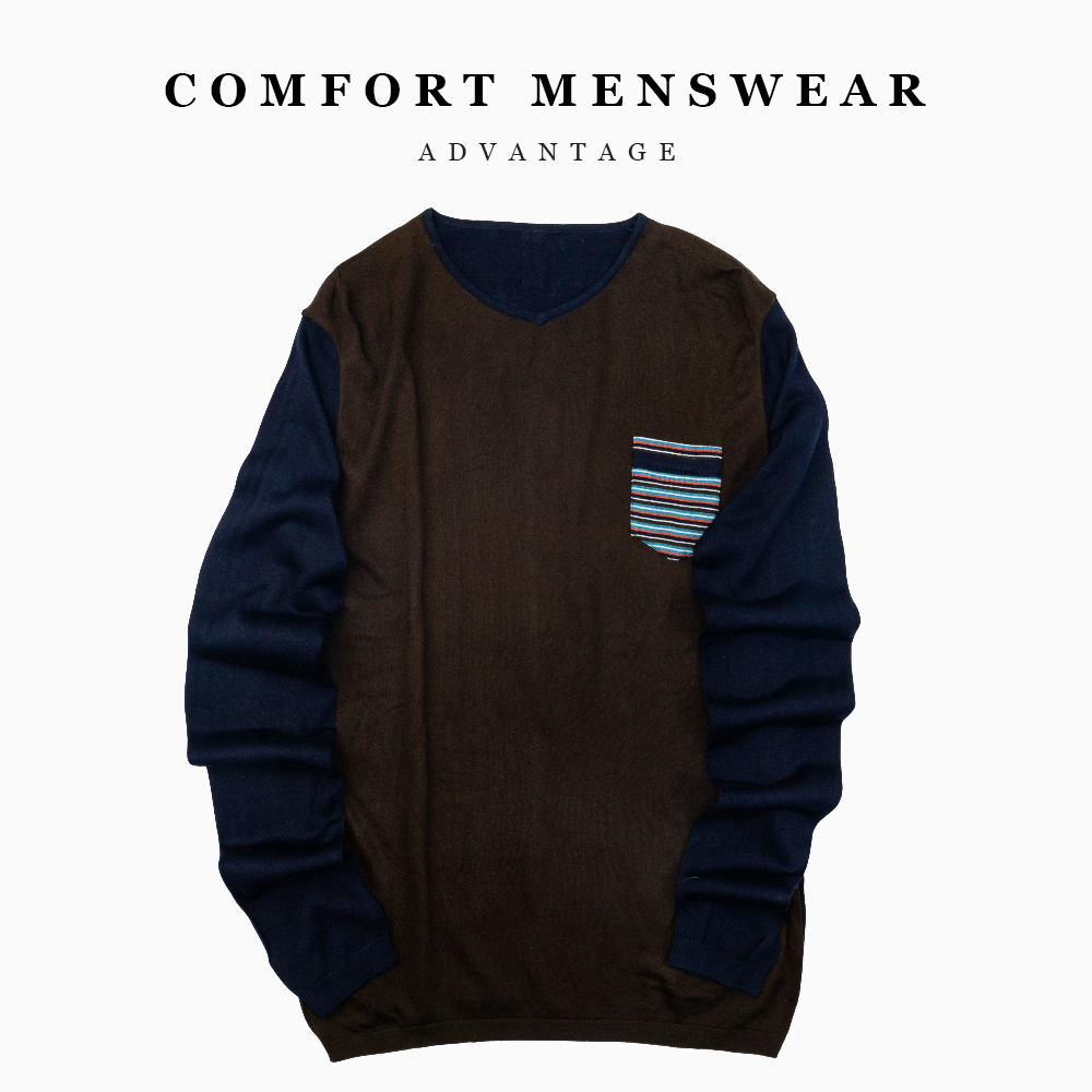 秋款男士圆领针织衫毛衣(128Y)长袖休闲复古宽松假两件拼接撞色