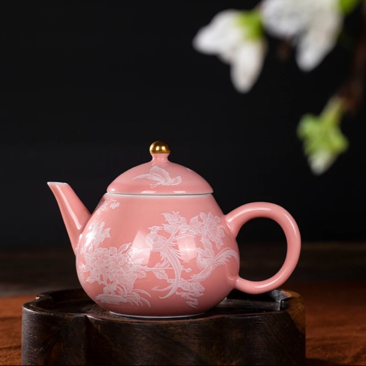 粉色喜上枝头堆白小茶壶 