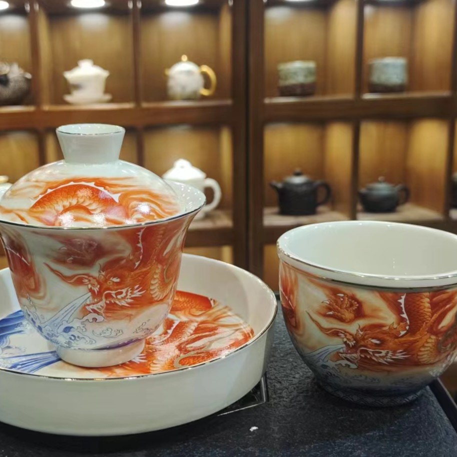 仿古龙三才盖碗茶具凤家用个人缸杯（一三才盖碗+一缸杯）
