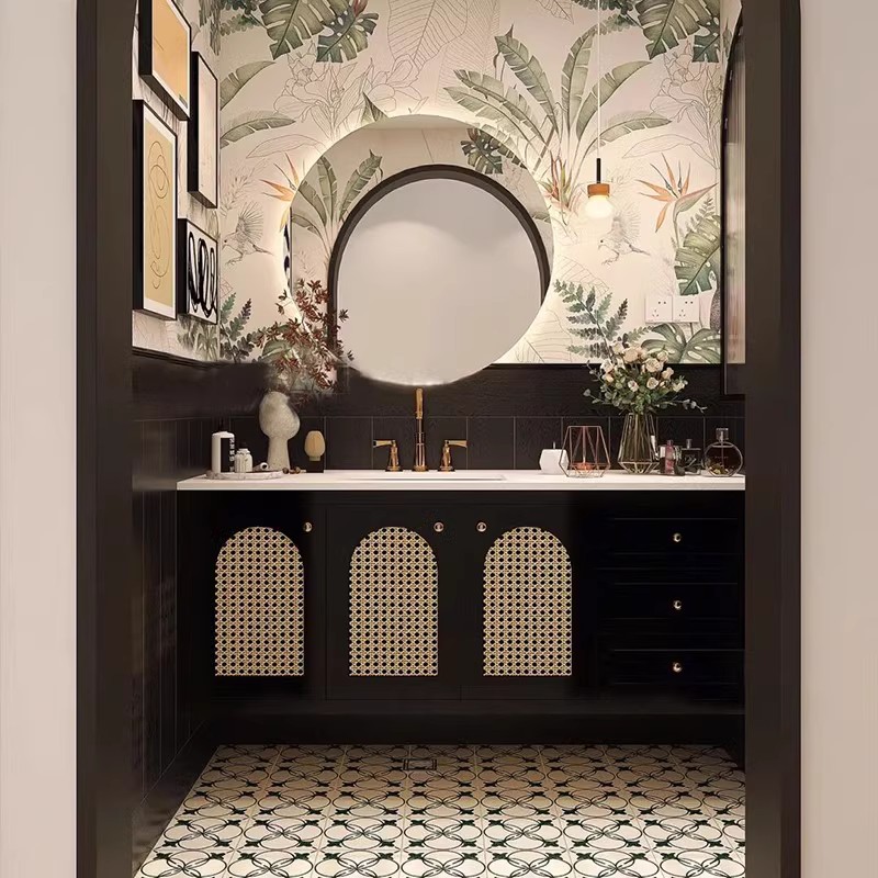 藤编实木浴室柜法式复古卫生间洗手台盆柜挂墙式卫浴柜洗脸台黑色