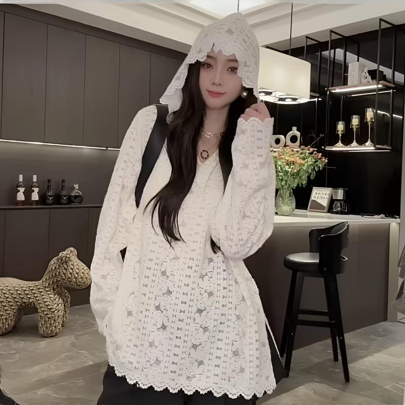网红连帽蕾丝钩花镂空设计纯色针织衫女上衣休闲气质长袖上衣白色