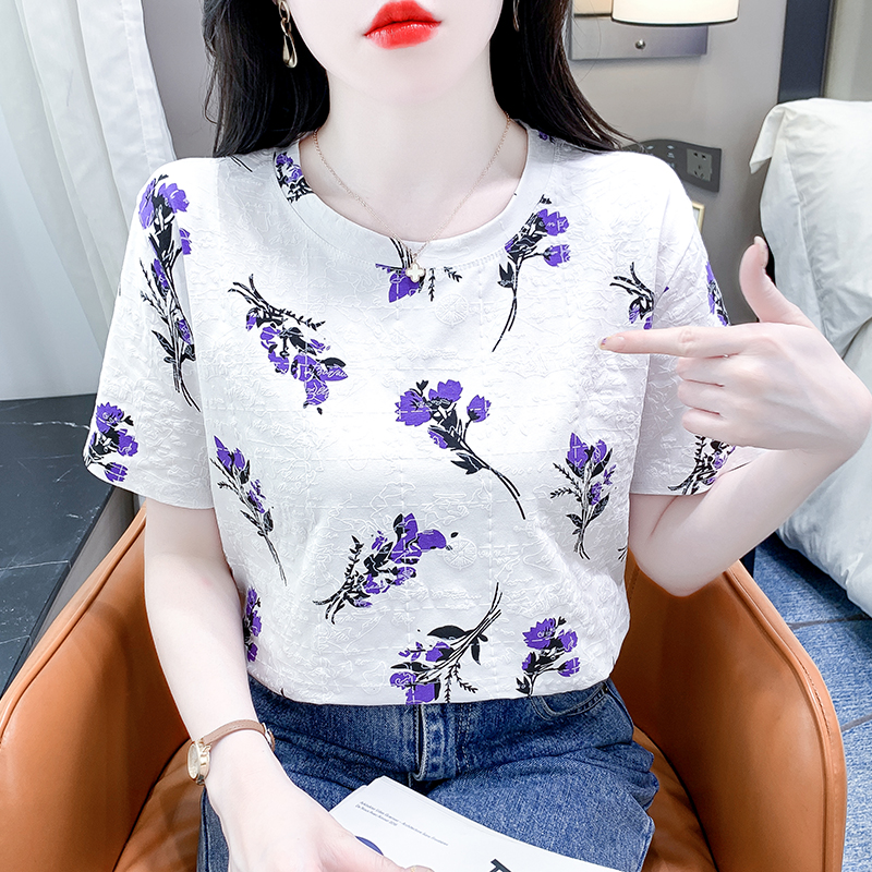 棉质短袖t恤女士夏装新款宽松碎花印花设计百搭体恤时尚洋气上衣