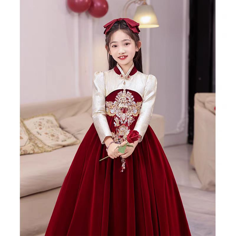 【东方佳人】儿童秋冬国风红色主持礼服