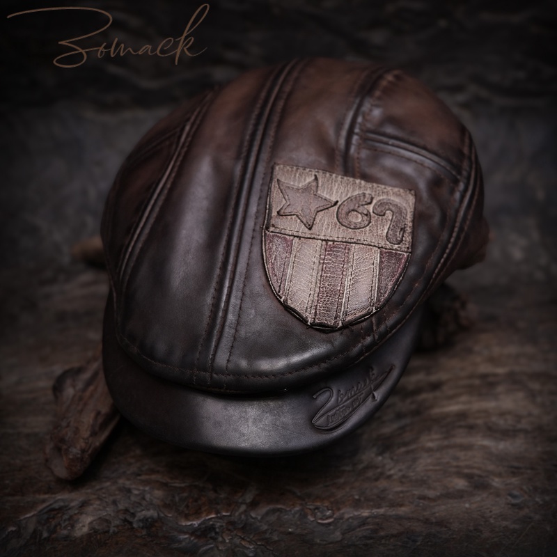 真牛皮重洗水油染手工做旧贝雷鸭舌帽男复古机械师工程师机车帽子