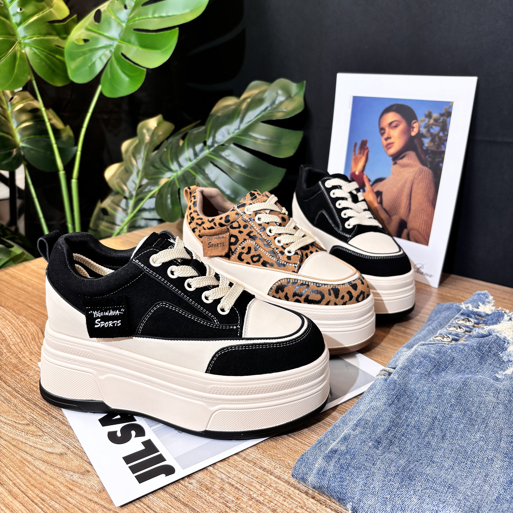 【增高9cm】2024秋季百搭豹纹棕色厚底松糕鞋女百搭显瘦运动休闲鞋