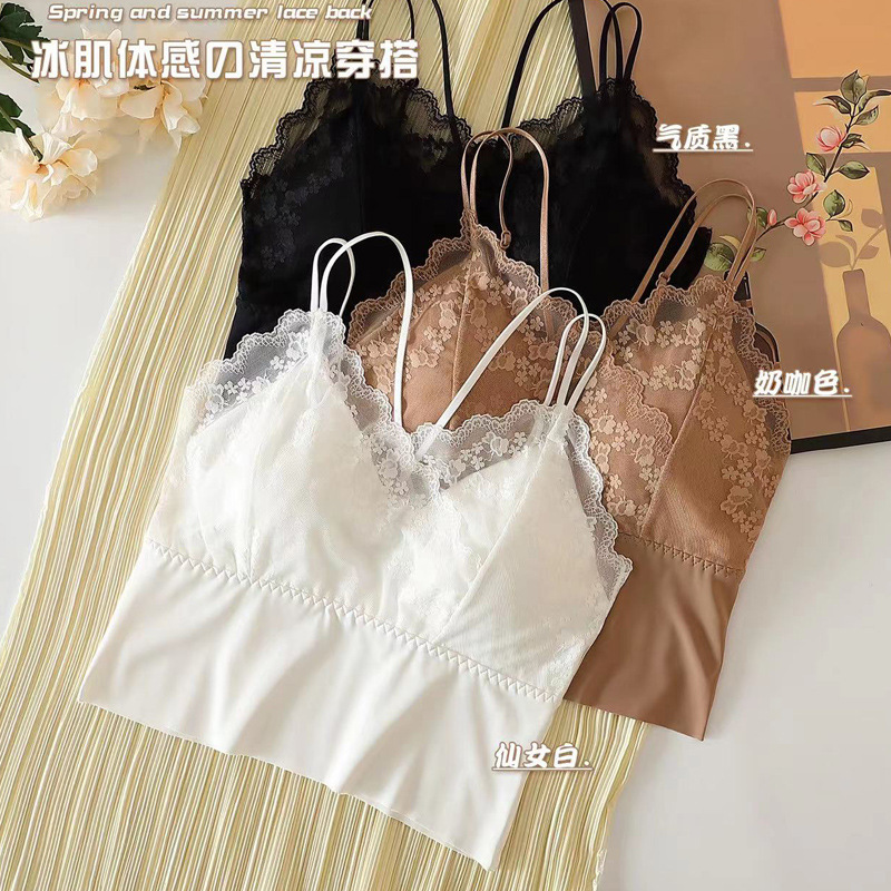 春夏蕾丝吊带美背冰丝舒适胸垫一体打底抹胸透气大码内衣
