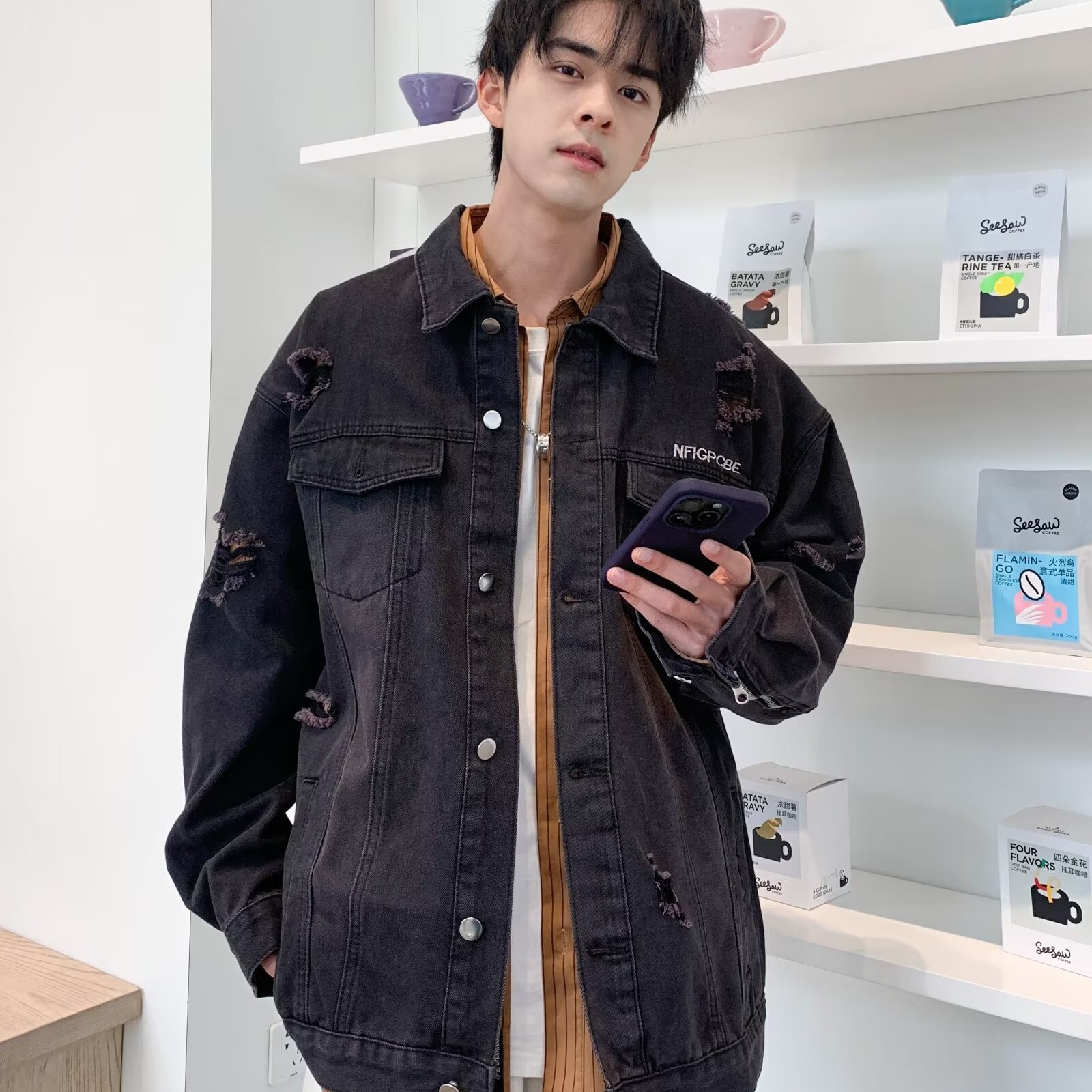 GM369P60美式休闲拉链牛仔外套男潮秋冬港风潮百搭上衣韩